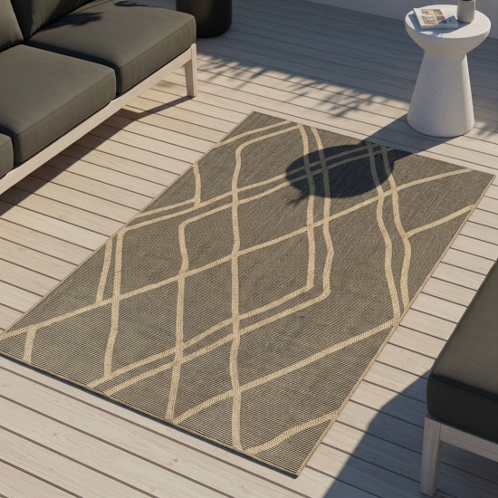 Preview: Teppich Outdoor grafisches Linien Design wetterfest Terrasse Balkon Braun Beige