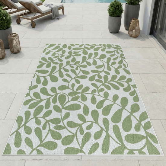 Moderner Outdoor Teppich Grün Weiß Blätterdesign Terrasse