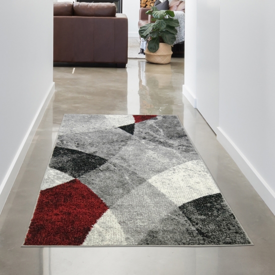 Abstrakter Wohnzimmer Teppich mit modernem marmorierten Wellen Rauten Design in grau rot - pflegeleicht