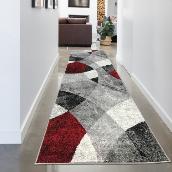 Abstrakter Wohnzimmer Teppich mit modernem marmorierten Wellen Rauten Design in grau rot - pflegeleicht