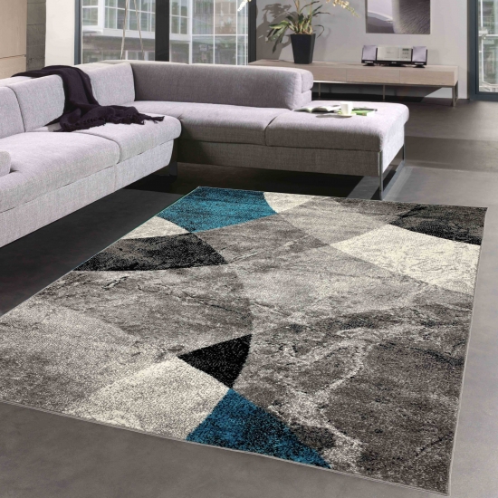 Abstrakter Wohnzimmer Teppich mit modernem marmorierten Wellen Rauten Design in grau blau - pflegeleicht