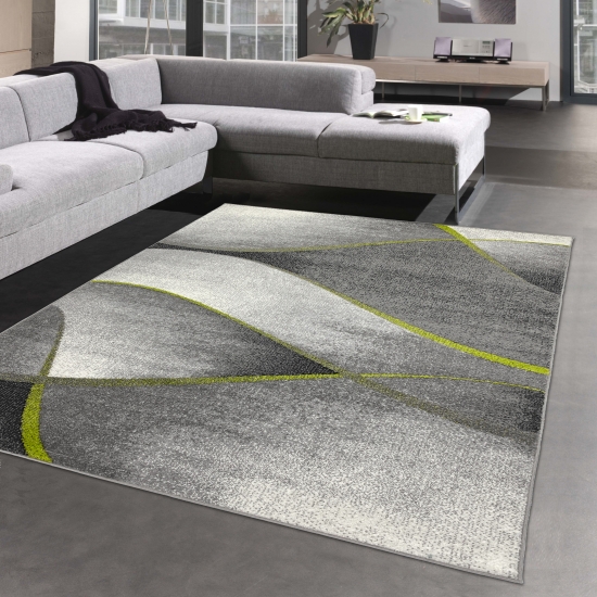 Teppich Wohnzimmer Wellen Design in grau anthrazit grün - pflegeleicht