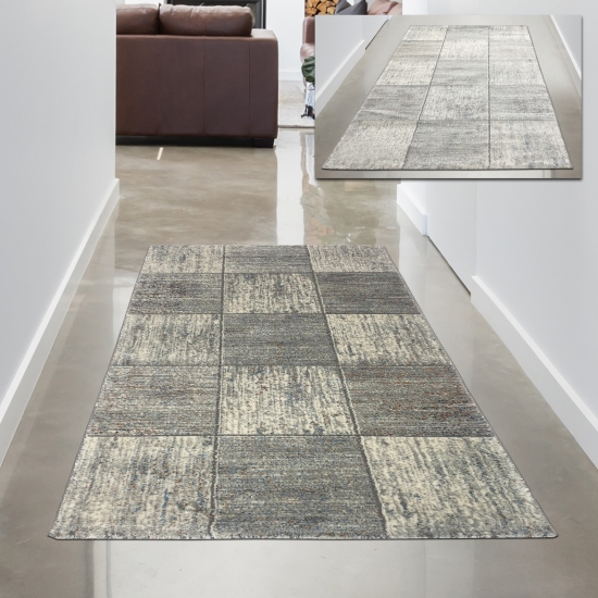 Preview: Schlichter Flur Designer Teppich mit Quadraten - grau