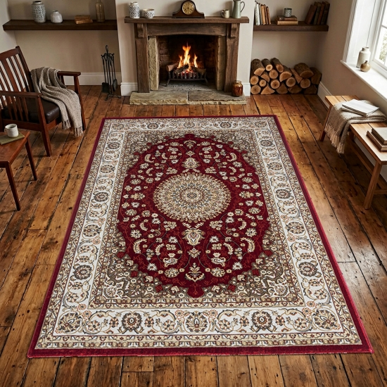 Teppich Rot Creme mit Medaillon Design und klar gezeichneter Bordüre