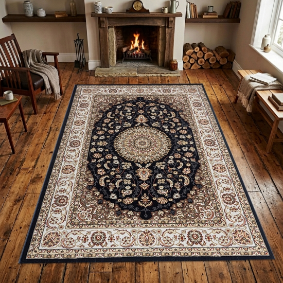 Teppich Dunkelblau Creme mit strukturiertem Medaillon Design