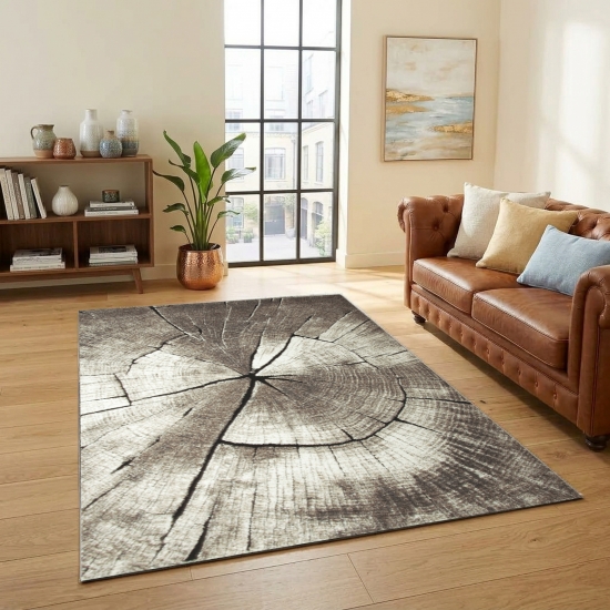 Design Teppich Beige Grau Holzstruktur Kreis modern elegant Wohnbereich