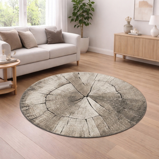 Preview: Design Teppich Beige Grau Holzstruktur Kreis modern elegant Wohnbereich