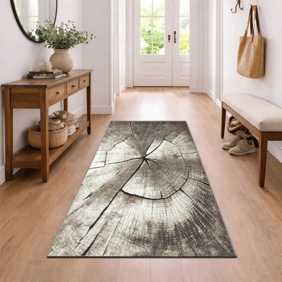 Preview: Design Teppich Beige Grau Holzstruktur Kreis modern elegant Wohnbereich