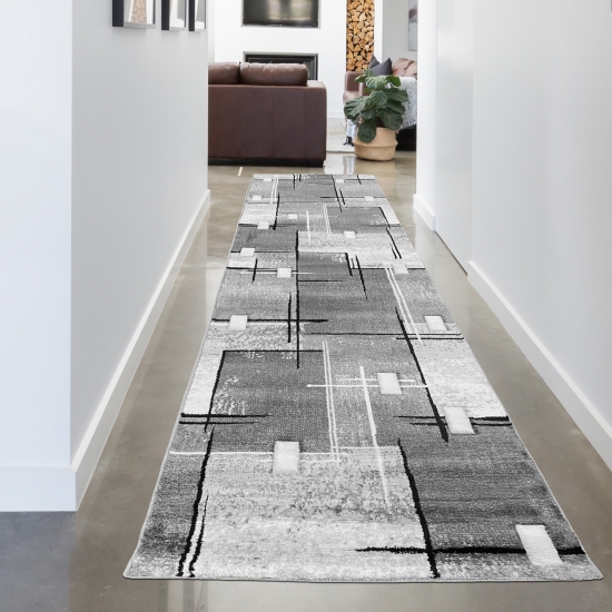 Designerteppich mit abstrakt quadratischem Muster in grau