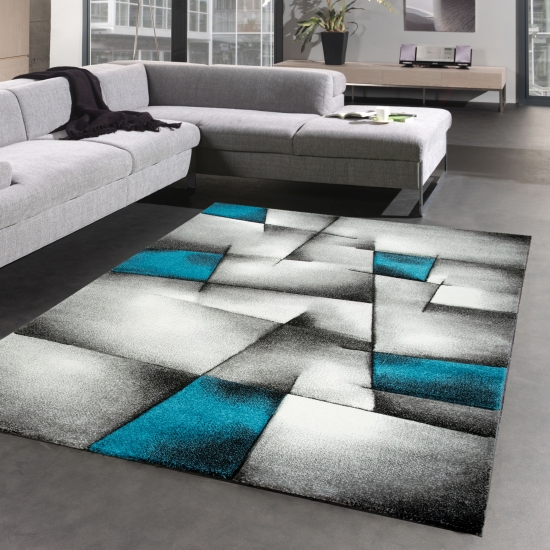 Moderner Teppich Kurzflor Wohnzimmerteppich karo abstrakt grau schwarz weiss türkis