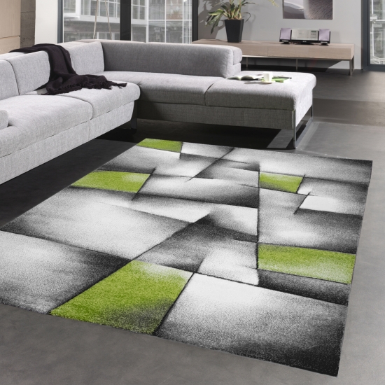 Moderner Teppich Kurzflor Wohnzimmerteppich karo abstrakt grün grau