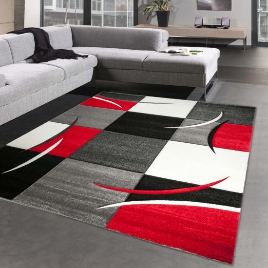 Designer Teppich Wohnzimmerteppich karo rot grau creme schwarz