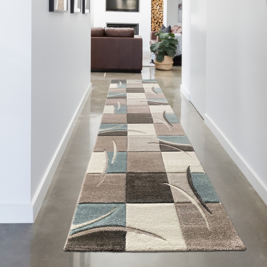 Designer Teppich Karo Pastell blau creme braun taupe