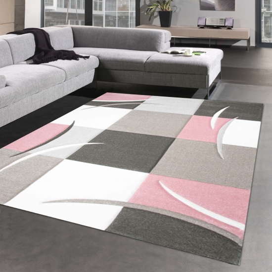 Designer Teppich Karo Pastell rosa creme braun