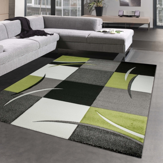 Designer Teppich Wohnzimmerteppich karo grün grau creme schwarz
