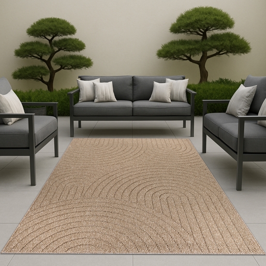 Teppich In- und Outdoor mit Kreislinien-Muster in Beige für moderne Wohn- und Außenbereiche