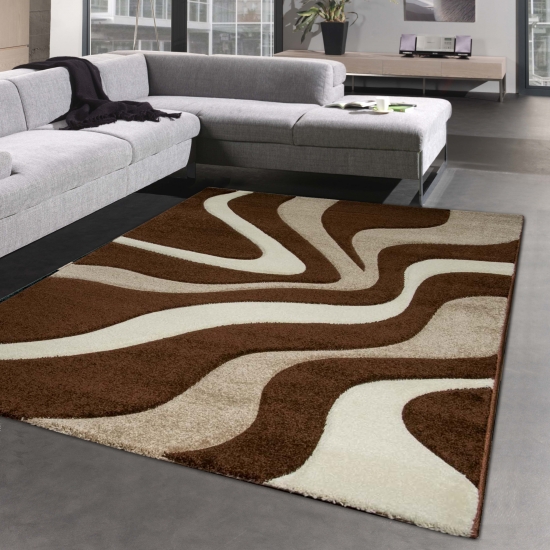 Wohn-, Schlafzimmer Teppich mit Wellenmuster | in braun weiß