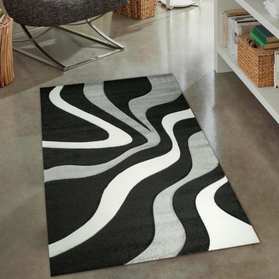 Designer Teppich mit Wellen& Konturenschnitt | schwarz weiß& grau