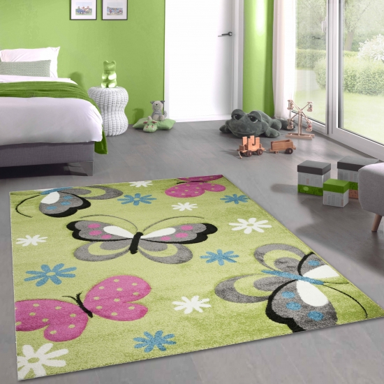 Bunt Kinderzimmer-Teppich mit Schmetterling-Design in grün