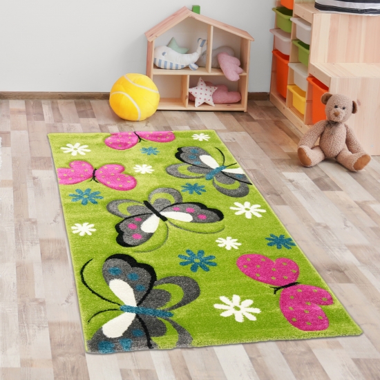 Bunt Kinderzimmer-Teppich mit Schmetterling-Design in grün
