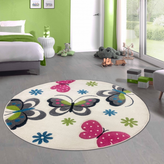 Preview: Farbenfroher Schmetterling-Teppich für Kinderzimmer in creme