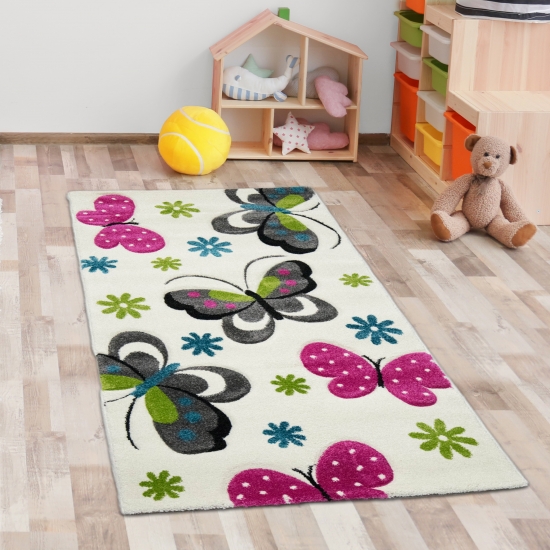 Preview: Farbenfroher Schmetterling-Teppich für Kinderzimmer in creme