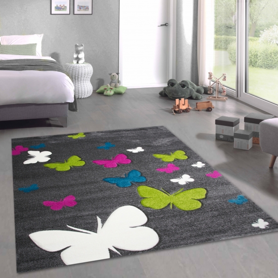 Niedlicher Schmetterlings-Teppich für Kinderzimmer in grau
