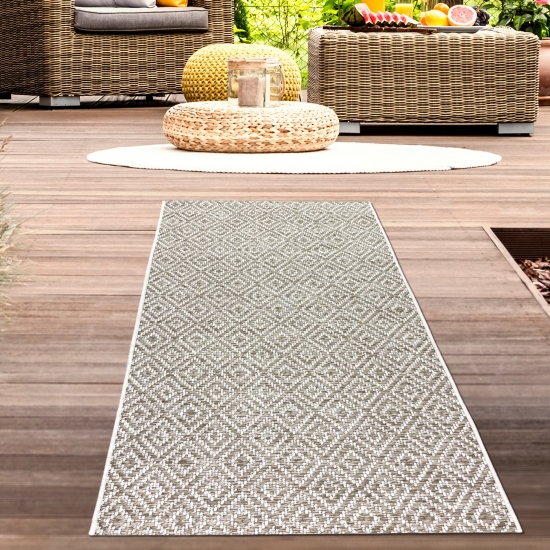 Außenteppich Balkon wetterbeständig flachgewebe im Rautendesign in beige