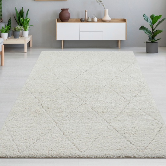 Hochflor Teppich creme mit Rautenmuster weich modern für Wohnzimmer Schlafzimmer