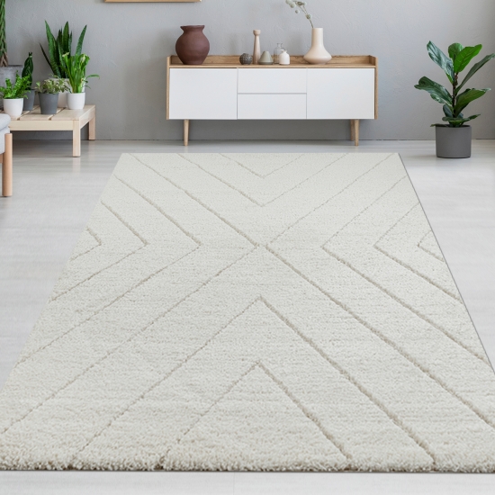 Zeitlose Eleganz: Stilvoller 3D-Teppich mit skandinavischem Rautenmuster in Weiß und Creme-beige