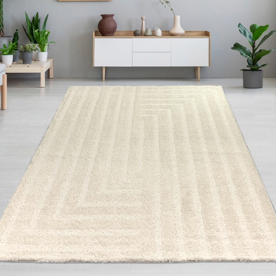 Flauschiger Wohnzimmer Teppich mit Linien Muster in Creme