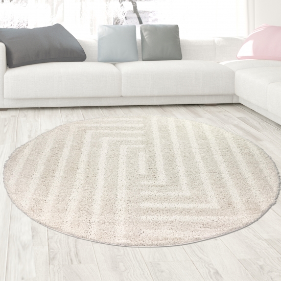 Flauschiger Wohnzimmer Teppich mit Linien Muster in Creme