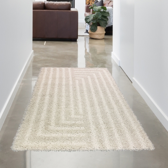 Flauschiger Wohnzimmer Teppich mit Linien Muster in Creme