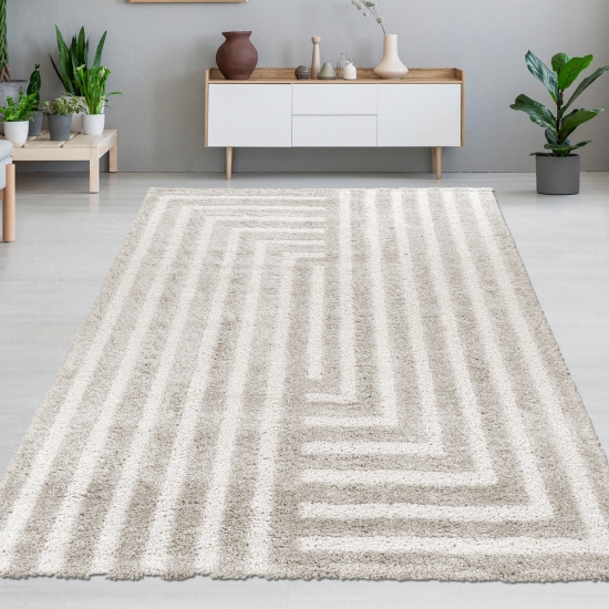 Weicher Hochflor-Teppich mit Linien Muster Gemütlich & Modern in Beige