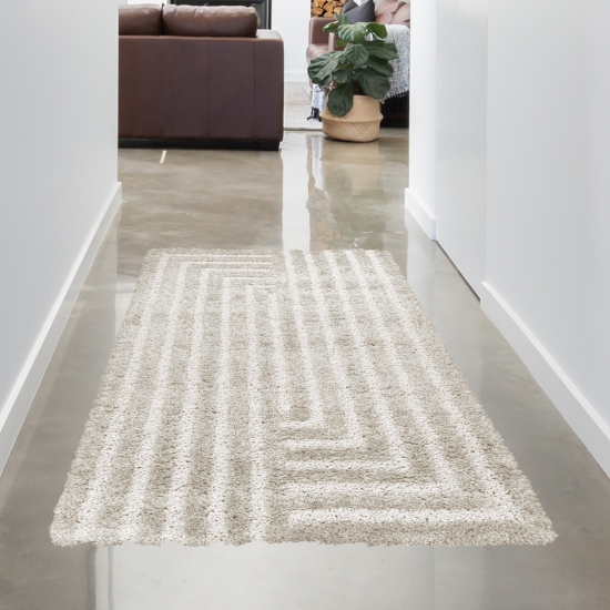 Preview: Weicher Hochflor-Teppich mit Linien Muster Gemütlich & Modern in Beige Preview: Weicher Hochflor-Teppich mit Linien Muster Gemütlich & Modern in Beige