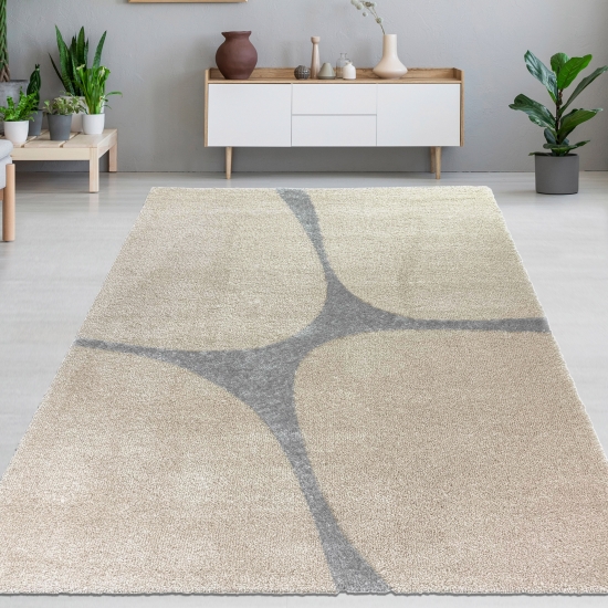 Weicher Shaggy Teppich für Wohnzimmer modern in Beige Grau mit Hochflor – pflegeleicht & gemütlich