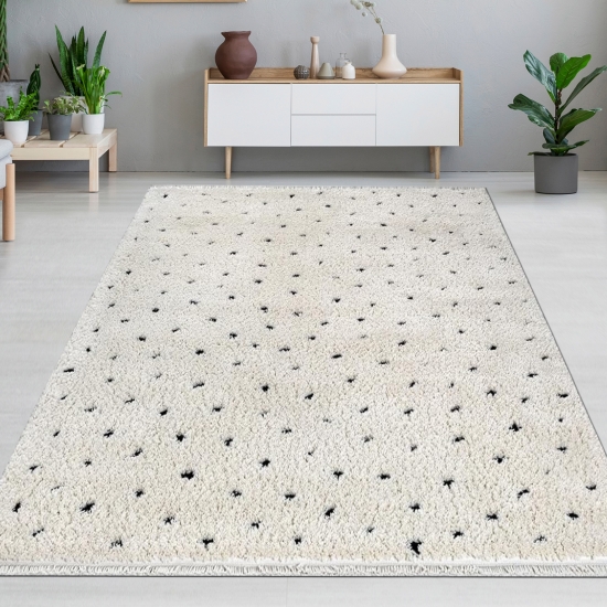 Moderner Hochflorteppich weich und stilvoll mit schwarzem Punktmuster | Beige