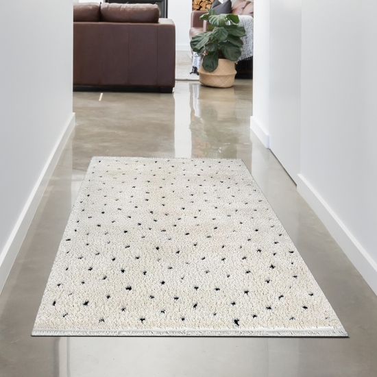 Preview: Moderner Hochflorteppich weich und stilvoll mit schwarzem Punktmuster | Beige Preview: Moderner Hochflorteppich weich und stilvoll mit schwarzem Punktmuster | Beige