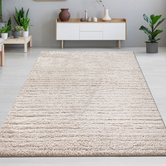 Moderner Teppich Beige Linienmuster weich robust für Wohnräume