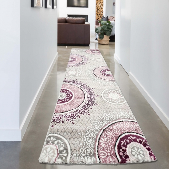 Designteppich Kreisornamente Pink Lila Grau Creme – elegant & modern