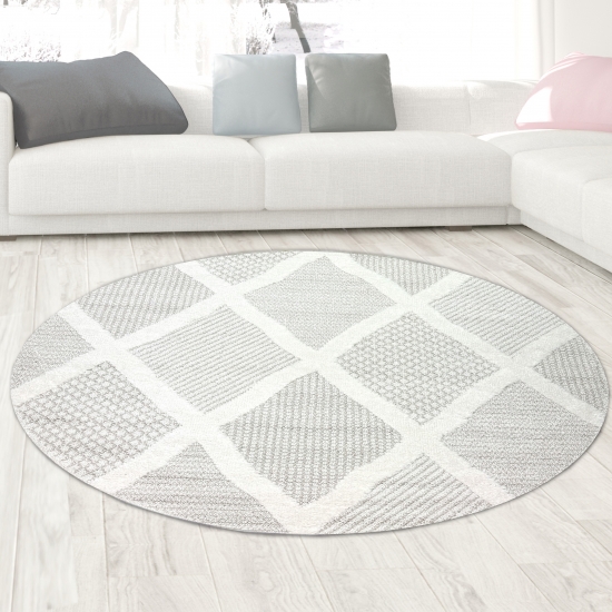 Wohnzimmer Schlafzimmer Teppich mit verschieden gemusterten Rauten in creme grau