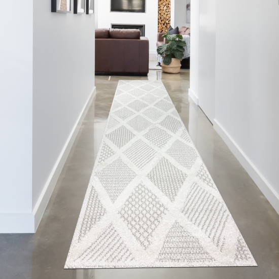 Wohnzimmer Schlafzimmer Teppich mit verschieden gemusterten Rauten in creme grau