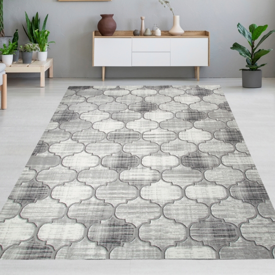 Preview: Designteppich mit Ornamentstruktur Grau-Beige mit Cremeakzenten Preview: Designteppich mit Ornamentstruktur Grau-Beige mit Cremeakzenten