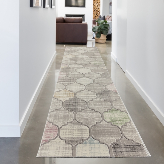 Preview: Designteppich mit marokkanischem Muster Grau mit farbigen Akzenten Preview: Designteppich mit marokkanischem Muster Grau mit farbigen Akzenten