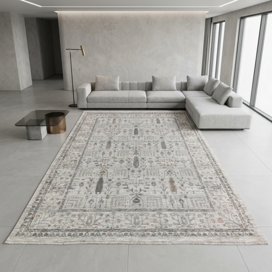 Moderner Teppich Creme mit Ornamentmuster, Bordüre und Fransen