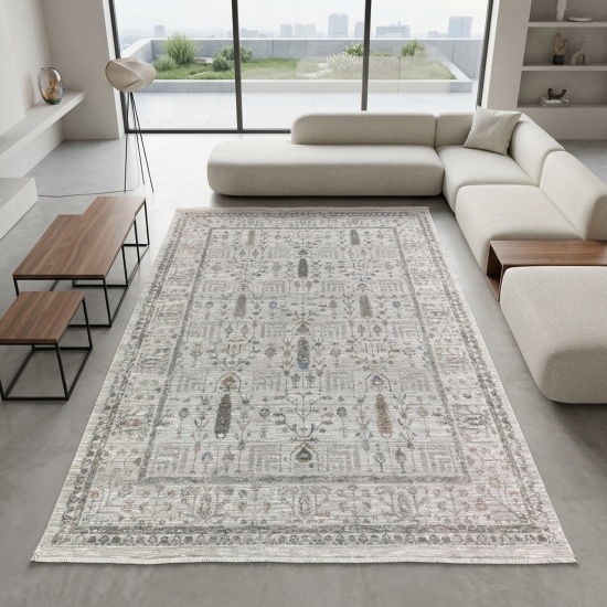 Preview: Moderner Teppich Creme mit Ornamentmuster, Bordüre und Fransen