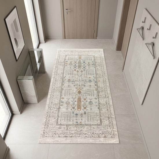 Preview: Moderner Teppich Creme mit Ornamentmuster, Bordüre und Fransen