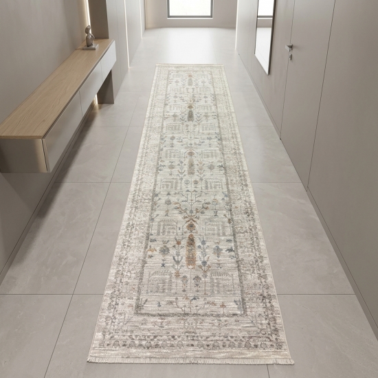 Preview: Moderner Teppich Creme mit Ornamentmuster, Bordüre und Fransen
