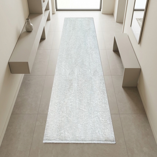 Preview: Moderner Teppich Creme mit organischem Linienmuster und Fransen