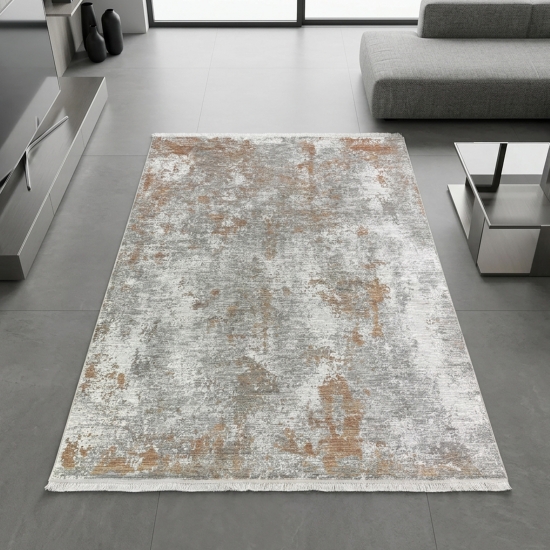 Preview: Moderner Teppich Kupfer Grau Creme mit abstrakter Struktur und Fransen